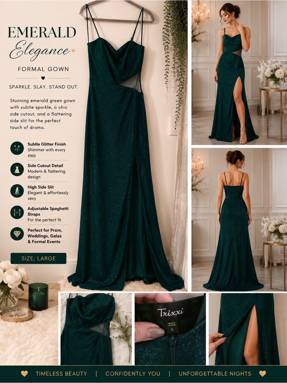 Trixxi/Glimmering&Gorgeous/Emerald/
High-Rise Sexy-Slit Side Cutout/Formal-Gown